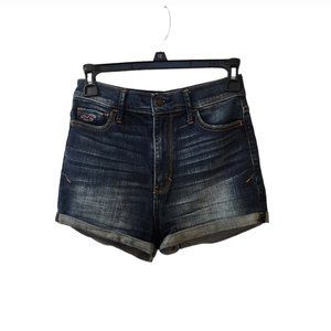 Hollister Dark Blue Cuffed Jean Shorts Size 1 High Rise Whiskered Stretchy